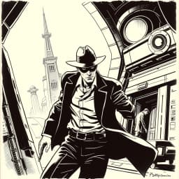 a suave secret agent sneaking into a high-tech enemy base. He should be caught in a tense moment, with sleek shadows and dramatic angles.