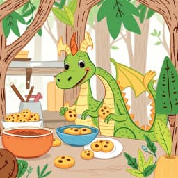 A friendly dragon baking cookies in a forest kitchen