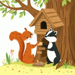 A squirrel and a badger building a treehouse together