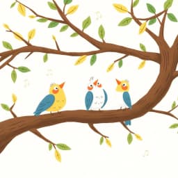 a group of birds singing on a tree branch in the charming