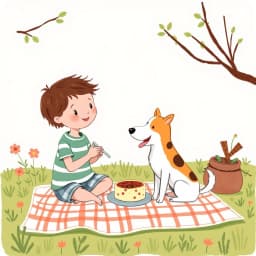 a child having a picnic with their dog in the charming