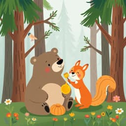 a bear and a squirrel sharing honey in a cozy forest in the charming