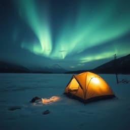 A tent glowing beside a frozen lake under northern lights
