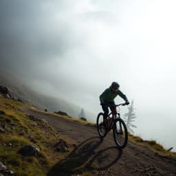 A mountain biker on a foggy alpine trail