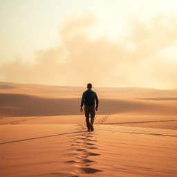 a solo traveler walking across an empty desert with a sandstorm in the distance