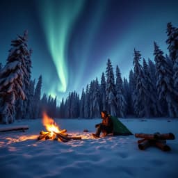 a camper lighting a fire under the northern lights in a remote snowy forest