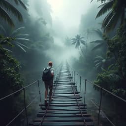 a backpacker crossing a misty wooden bridge deep in a tropical jungle