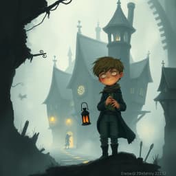 A lonely boy carrying a lantern through a foggy, twisted village