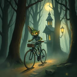 A curious creature riding a bicycle through a surreal forest