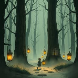 a lonely child walking through a foggy forest with lantern creatures watching from the shadows
