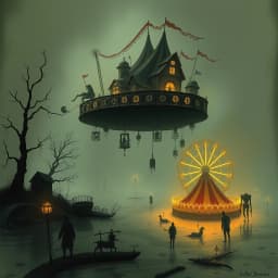 an abandoned circus floating above a swamp with mechanical clowns and glowing ferris wheels