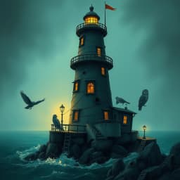 a crooked lighthouse in a stormy sea guarded by steampunk owls and ghostly sailors