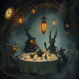 an underground tea party hosted by glowing-eyed animals and wind-up musicians