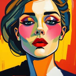 A stylized female figure with symmetrical brushstroke geometry