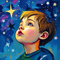 a child filled with innocent wonder under a starry sky
