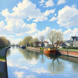 A peaceful canal under a spring sky