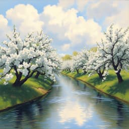 An orchard blooming beside a riverbend