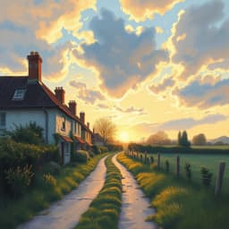 A village path bathed in golden twilight