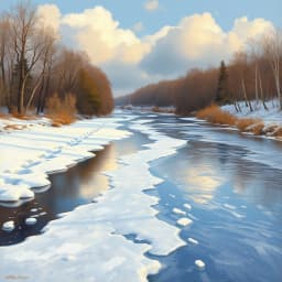 a frozen riverbank during early winter thaw