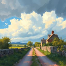 an old countryside road under a stormy sky