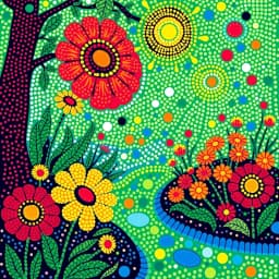 A garden blooming in rainbow mosaic patterns