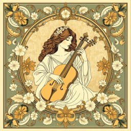 A musician framed in curling vines and celestial symbols