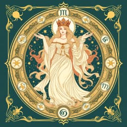 a celestial queen surrounded by stars and zodiac symbols