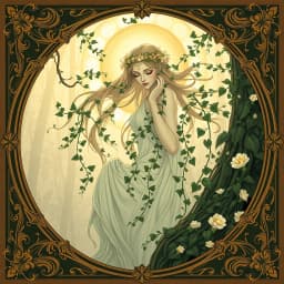 a serene forest spirit draped in ivy and golden light