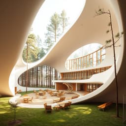 An open-plan school blending into a pine forest