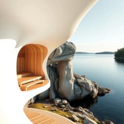 a public sauna nestled beside a lakeside cliff