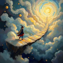 a mysterious traveler walking on a bridge made of light in the clouds