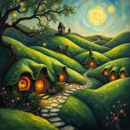 the Shire's rolling green hills with cozy hobbit holes and lanterns lighting the paths