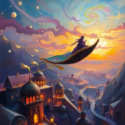 a flying carpet soaring above Agrabah’s glowing cityscape at twilight