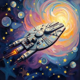 the Millennium Falcon flying through a vibrant, swirling galaxy filled with glowing stars