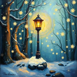 Narnia's magical lamppost standing in a snowy forest, surrounded by glowing snowflakes