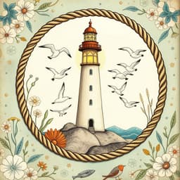 A whimsical lighthouse with a glowing beacon, surrounded by playful seagulls