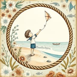 A young boy in a sailor suit flying a kite on the beach