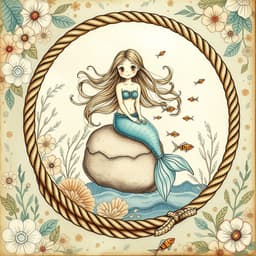 A mermaid sitting on a rock with flowing hair surrounded by small colorful fish