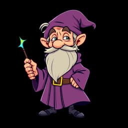 a quirky old man with a long beard, wearing a wizard robe and holding a magic wand