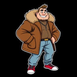 a tall and burly man with a confident smile, wearing a large brown fur-lined jacket, light blue jeans, and bright red sneakers