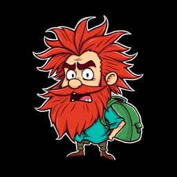 a wild man with messy red hair and a thick beard, wearing a turquoise shirt, carrying a green backpack, with an exaggerated shocked expression