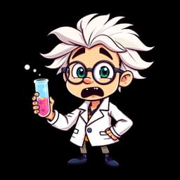 a quirky scientist with messy white hair, round glasses, a lab coat, and a test tube bubbling with colorful liquid, looking curious and surprised