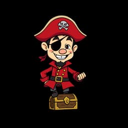 a pirate captain with an eyepatch, a tricorn hat, a red coat, and a sword, standing with one foot on a treasure chest and grinning mischievously