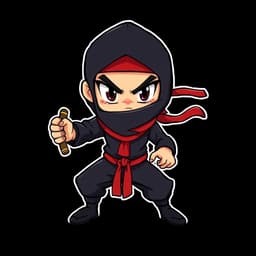 a ninja in a black outfit with a red scarf around the neck, holding a pair of nunchaku, crouched in a dynamic pose, with sharp focused eyes