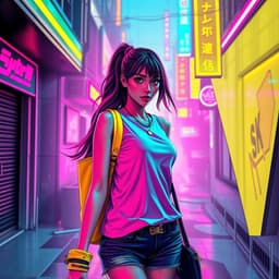 A girl walking down a neon-lit street
