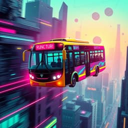 An aerial bus flying through a futuristic city
