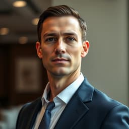 Confident businessman in a tailored suit, standing in an elegant office with muted tones and soft lighting.