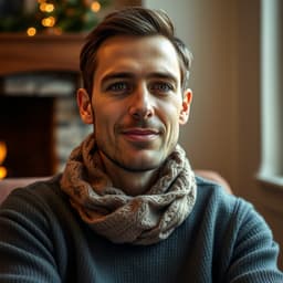 Casual man in a cozy sweater with a scarf, sitting by a warmly lit fireplace with a relaxed expression.