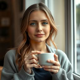 Casual woman in a loose cardigan, enjoying a cup of coffee near a softly blurred window with natural light.