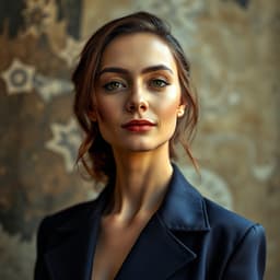 Creative woman in bold, stylish attire, standing against a textured artistic backdrop with soft diffused light.